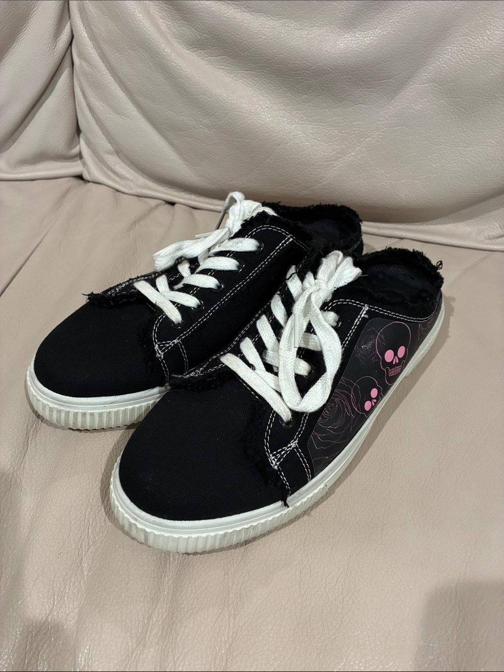 Women’s Black Canvas Sneakers with Pink Skull Accent